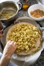 Moroccan pastilla preparation on a kitchen