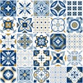 Moroccan pattern. Decor tile texture with blue ornament. Traditional arabic and indian pottery tiling seamless patterns vector set Royalty Free Stock Photo