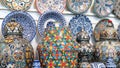 Moroccan pottery with colorful ceramics and pottery displayed in a shop Royalty Free Stock Photo