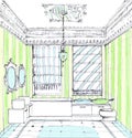 Moroccan Bathroom. Handrown monochrome pencil sketch of a moroccan-style bathroom interior. Royalty Free Stock Photo