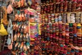 Moroccan style hanging bags at the market in medina. Souvenir shops, Marrakech. Traditional moroccan market, Morocco in Africa. Royalty Free Stock Photo