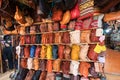 Moroccan style hanging bags at the market in medina. Souvenir shops, Marrakech. Traditional moroccan market, Morocco in Africa. Royalty Free Stock Photo