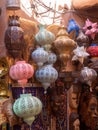 Moroccan style hanging lamps in the medina traditional market. Lights and souvenir shops Marrakech Royalty Free Stock Photo