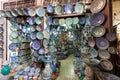 Moroccan style hanging plates at the market in medina. Souvenir shops, Marrakech. Traditional moroccan market, Morocco in Africa. Royalty Free Stock Photo