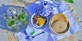 Moroccan tagine of fried eggs and bacon. And Moroccan tea with mint. Moroccan bread with barley Royalty Free Stock Photo