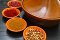 Moroccan tahine with four bowls with spices