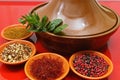 Moroccan tahine with four bowls with spices and fresh mint Royalty Free Stock Photo