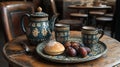 Moroccan tea, dates, pastry on cafe table. Busy cafe background. Traditional breakfast setting Royalty Free Stock Photo