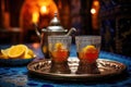 moroccan tea glasses with steam rising against a backdrop of moroccan tiles