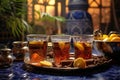 moroccan tea glasses with steam rising against a backdrop of moroccan tiles