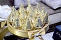 Oroccan Tyafer, traditional gift containers for the wedding ceremony, decorated with ornate golden embroidery.