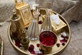 Moroccan Tyafer, traditional gift containers for the wedding ceremony, decorated with ornate golden embroidery.Moroccan henna .