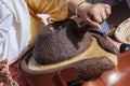 Moroccan woman grinding argan kernels traditionally with a mills