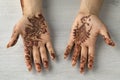 Moroccan woman with henna painted hands Royalty Free Stock Photo