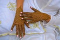 Moroccan woman with traditional henna painted hands.