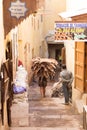 Moroccan worker carrying camel hides to the tannery Royalty Free Stock Photo