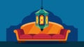 A Moroccanstyle lantern hanging from the ceiling casting a warm glow over a colorful couch.. Royalty Free Stock Photo