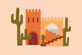 Morocco architecture card. Abstract Moroccan building, arches, tower, stairs. Berber house in ancient Marrakesh and