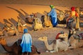 Morocco Berbers in the desert - camel safari, dromadaires trekking tour Royalty Free Stock Photo