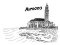 Morocco black and white illustration temple on the coast