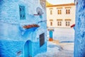 Morocco is the blue city of Chefchaouen, endless streets painted in blue color. Lots of flowers and Souvenirs in the beautiful Royalty Free Stock Photo