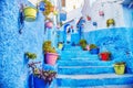 Morocco is the blue city of Chefchaouen, endless streets painted in blue color. Lots of flowers and Souvenirs in the beautiful Royalty Free Stock Photo