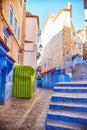 Morocco is the blue city of Chefchaouen, endless streets painted in blue color. Lots of flowers and Souvenirs in the beautiful Royalty Free Stock Photo