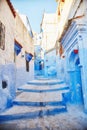 Morocco is the blue city of Chefchaouen, endless streets painted in blue color. Lots of flowers and Souvenirs in the beautiful Royalty Free Stock Photo