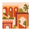 Morocco card. Moroccan architecture, ancient Berber buildings, Maroc arches, tropical palm trees. Historic Medina Royalty Free Stock Photo