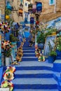 Morocco. Chefchaouen. A typical decorated blue street of the medina