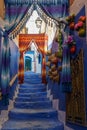 Morocco. Chefchaouen. A typical decorated blue street of the medina