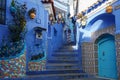 Morocco. Chefchaouen. A typical decorated blue street of the medina