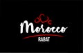 Morocco country on black background with red love heart and its capital Rabat