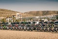 Morocco Desert Challenge 2023. All rally raid vehicles lined up on the beach of Agadir ahead of the start of race. Royalty Free Stock Photo