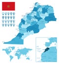 Morocco detailed administrative blue map with country flag and location on the world map.