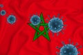 Morocco flag. Blue viral cells, pandemic influenza virus epidemic infection, coronavirus, infection concept. 3d-rendering