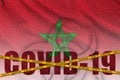 Morocco flag and Covid-19 inscription with orange quarantine border tape. Coronavirus or 2019-nCov virus concept