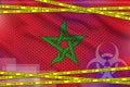 Morocco flag and Covid-19 quarantine yellow tape. Coronavirus or 2019-nCov virus concept