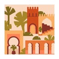 Morocco, Marrakech card. Moroccan building, Berber architecture, Medica tower, traditional arches, palm trees, square