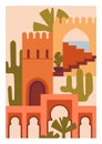 Morocco, Marrakech poster. Moroccan Berber architecture, framed card background. Abstract ancient Marrakesh and Medina