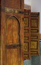 Morocco, Marrakesh. Detail of a medieval painted wooden window shutter panels and lock Islamic - Arabesque style