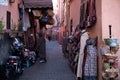 Morocco, Marrakesh - January 2019: Small street in Marrakech`s medina old town. In Marrakech the houses are