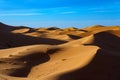 Morocco. Merzouga. Sand dunes of Sahara desert under a blue sky