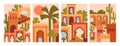 Morocco posters set. Moroccan buildings, architecture, card backgrounds. Abstract ancient Arab city, Eastern Marrakesh