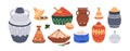 Morocco pottery, food, seasonings set. Moroccan Arabic crockery, dishes, spices. Ceramic pots, vessels, earthenware