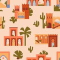 Morocco, seamless pattern. Moroccan architecture, endless background design. Medina and Marrakech buildings, repeating