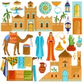 Morocco travel destination in Africa, national culture and traditions, isolated icons, vector illustration