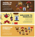 Morocco travel symbols or tourism famous landmarks web banners.