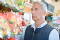Morose man in shop Royalty Free Stock Photo