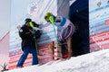 Mountain skier on start line. Russian Alpine Skiing Championship, slalom